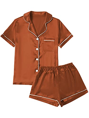 LYANER Women's Satin Pajamas Set Short Sleeve Button Shirt Silky Sleepwear With Shorts Set PJ Brown Large