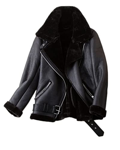 LY VAREY LIN Women's Faux Shearing Moto Jacket Thick Lined Parka Winter Shearling Coat Leather Jacket (M, Black)