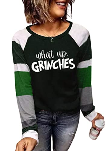MHTOR What Up Grinches Christmas Sweatshirt Women Christmas Color Block Long Sleeve Blouse Christmas Party Casual Pullover (Small, Green-01)
