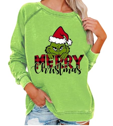 HUDENRTV Women's XMAS Shirt Funny Face Green Raglan Pullover Christmas Sweatshirt for Women,Christmas Shirts for Women (A1,XXXL)