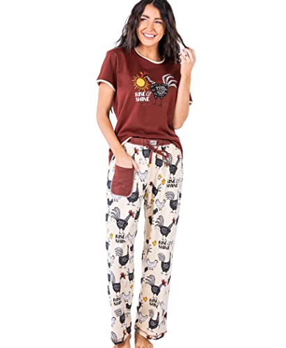 Lazy One Women's Pajama Set, Short Sleeves with Cute Prints, Relaxed Fit, Chicken, Farm, Animal (Rise & Shine Rooster, X-Small)