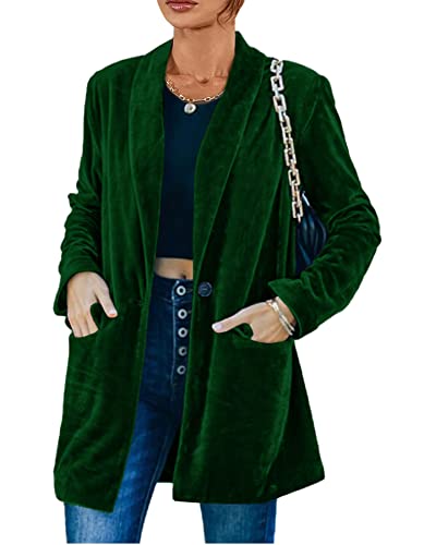 MIRACMODA Women Velvet Blazer Jacket Open Front Relaxed fit Work Office Blazers Outerwear with Pockets Green