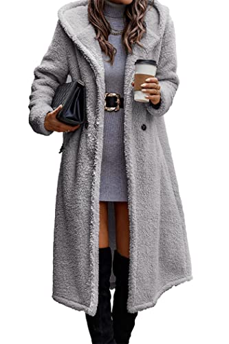 PRETTYGARDEN Women's 2023 Winter Coats Fuzzy Fleece Long Hooded Jackets Button Down Faux Fur Warm Outwear with Pockets (Silver Grey,Small)