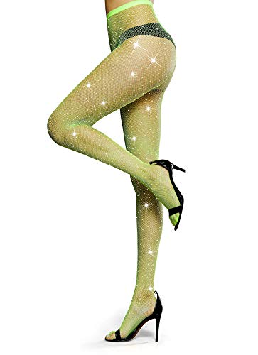 LUCKELF Sexy High Waist Tights Sparkle Rhinestone Fishnets Party Rhinestone Mesh Stockings (Free Size, Chartreuse)