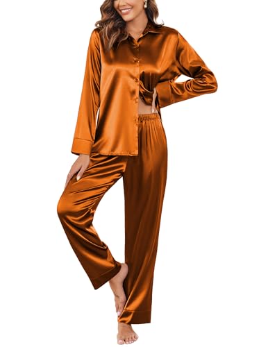 Ekouaer Women's Orange Pajama Sets Satin Silk Long Sleeve Housewear 2-Piece Pj Set Sleepwear with Pockets Orange X-Large