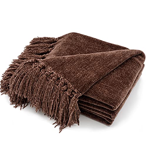 RECYCO Throw Blanket Soft Cozy Chenille Throw Blanket with Fringe Tassel for Couch Sofa Chair Bed Living Room Gift (Brown, 60'' x 80'')