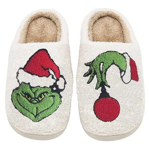 ODYQIG Women Men Cute Cartoon Christmas Slippers Winter Plush Funny Slippers Comfy Warm Furry House Shoes Green-43-44