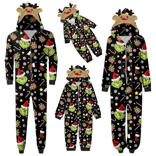 Zelbuck Funny Christmas Pajamas for Family Matching Set, His and Hers Lazy Hooded Jumpsuit for Couples Women Men Jammies Bodysuit