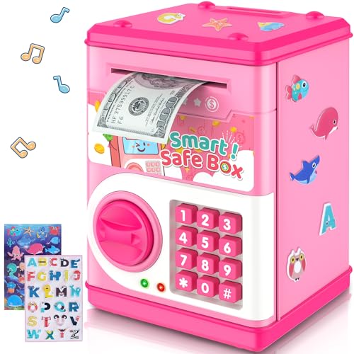 Pink Piggy Bank for Kids with Password Code Lock and Auto Grab Bill Slot, PhilaeEC Real Money Cash Coin Can Saving Box Electronic Money Safe Bank, Hot Gift for 4 7 8 9 10 11 Year Old Boys Girls