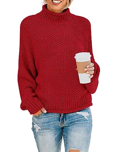 ZESICA Women's 2023 Turtleneck Batwing Sleeve Loose Oversized Chunky Knitted Pullover Sweater Jumper Tops,Red,Medium
