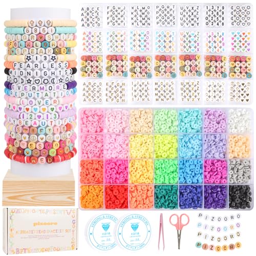 Friendship Bracelet Kit, 28 Colors 5040 Pcs Clay Beads 1200 Pcs Letter Beads for Bracelets Making,4 Styles Round Alphabet Beads, Number Beads, Heart Beads & Pattern Beads, Jewelry Craft Kits Gift