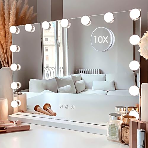 Kottova Vanity Mirror with Lights,Makeup Mirror with Lights, Hollywood Lighted Mirror with 15 Dimmable LED Bulbs,3 Colors Modes,Touch Control,USB Charging Port,Metal Frame,White