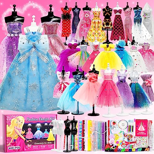 Axirata 600+PCS Fashion Design Kit for Girls Creativity DIY Arts & Crafts Kit for Kids with 4 Mannequins, Fashion Designer Sketchbook, Sewing Kit for Teen Girls Christmas Gift Age 6 7 8 9 10 11 12+