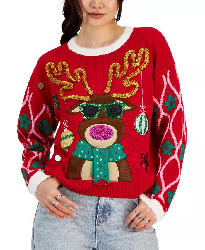 Hooked Up By Iot Juniors Embellished Sunglasses Reindeer Ugly Christmas Sweater