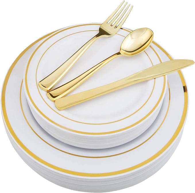 gold disposable silverware and paper plates