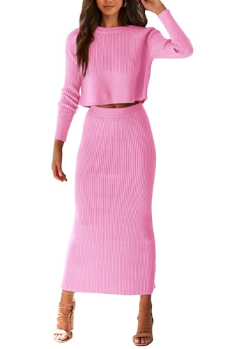 PRETTYGARDEN Women's Winter 2 Piece Sweater Set Rib Knit Long Sleeve Crop Top Maxi Bodycon Skirt Casual Outfits Dress (Pink,X-Large)