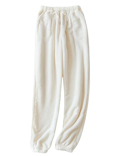 Lentta Women's Fleece Pajama Pants Casual Fuzzy Warm Sleep Bottoms Drawstring Elastic Waist with Pockets(Beige-L)