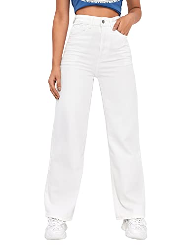 SweatyRocks Women's Loose High Waist Solid Straight Wide Leg Jeans White M