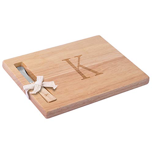 Miicol Monogram Oak Wood Cheese Board With Spreader, K-Initial (K)