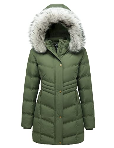 Ampake Women's Winter Warm Long Parka Coat Thicken Outwear Puffer with Hood (Green,L)