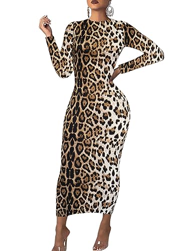 Women's Long Sleeve Bodycon Dress - Maxi Casual Fall Leopard Print Club Party Long Tight Pencil Dresses Brown M