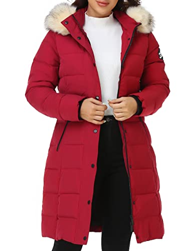 PUREMSX Women Winter Parka, Warm Puffer Mid Length Thick Insulated Ski Quilted Christmas Jacket with Fur Hood Gift,Wine,Large