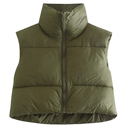 KEOMUD Women's Winter Crop Vest Lightweight Sleeveless Warm Outerwear Puffer Vest Padded Gilet Armygreen Medium