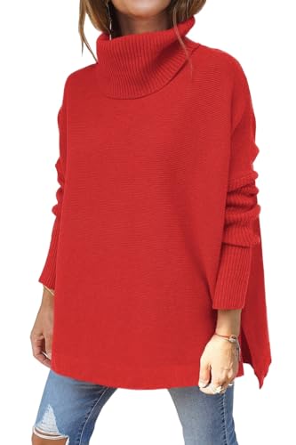LILLUSORY Womens Turtleneck Winter Long Sleeve Oversized Chunky Warm Sweater Irregular Hem Casual Pullover Knit Tops Red