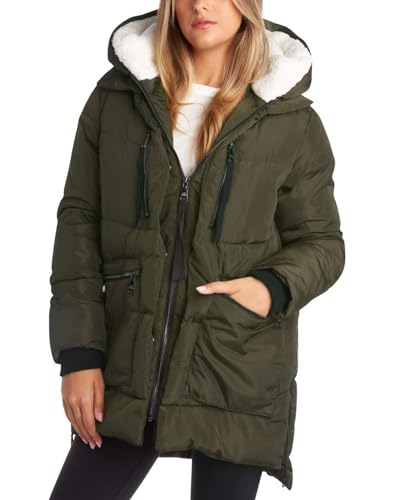 Steve Madden Women’s Winter Coat – Mid-Length Quilted Puffer Parka Coat with Cargo Pockets and Sherpa Lined Hood (S-XL), Size Medium, Olive Green