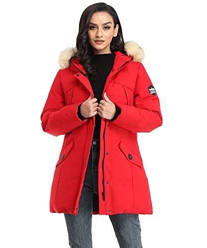 PUREMSX Women's Quilted Heavy Jacket, Warm Winter Parka Overcoat Puffer Mid Length Thick Lined Insulated Ski Anorak Coat,Red,Medium
