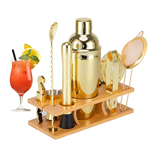 OBALY Bartender Kit 11-Piece Cocktail Shaker-Muddler for Cocktails 25oz Boston Shaker-Bar Accessories with Stylish Bamboo Stand Mix Drink Shaker kit Perfect Martini kit with Cocktail Recipes Booklet