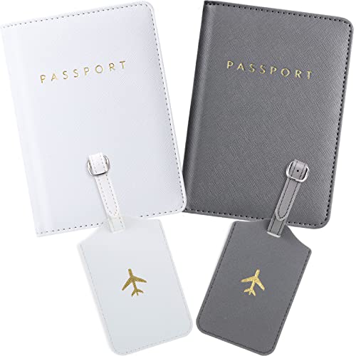 2 Pieces unisex Passport Covers and 2 Pieces Luggage Tags, Passport Holder Travel Suitcase Tag (White, Gray)
