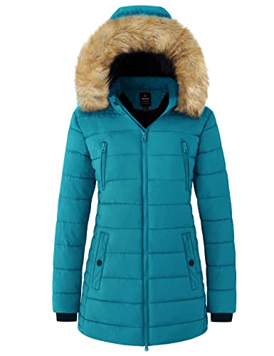 wantdo Women's Long Windproof Winter Coat Heavy Puffer Coats Teal Blue M