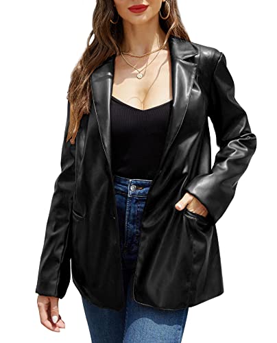 RISISSIDA Women Faux Leather Blazer Jacket Vegan Pleather Coat Black 21002 S