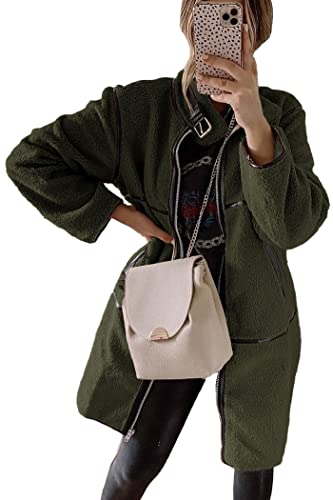 PRETTYGARDEN Women's Full Zip Fleece Jacket Long Sleeve Lapel Warm Winter Sherpa Coat With Pockets (Army Green,Medium)