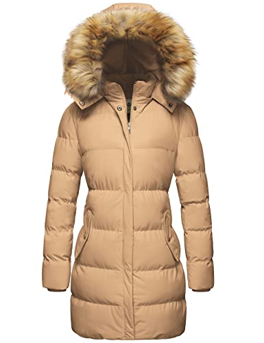 WenVen Women's Winter Puffer Coat Thermal Parka with Fur Hood (Light Tan, L)