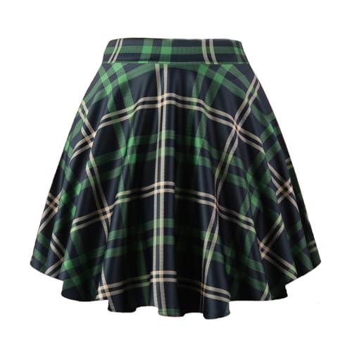 PUKAVT Women's Basic Casual Skirts A-Line Mini Flared Stretchy Skater Party Skirt Green Plaid Medium