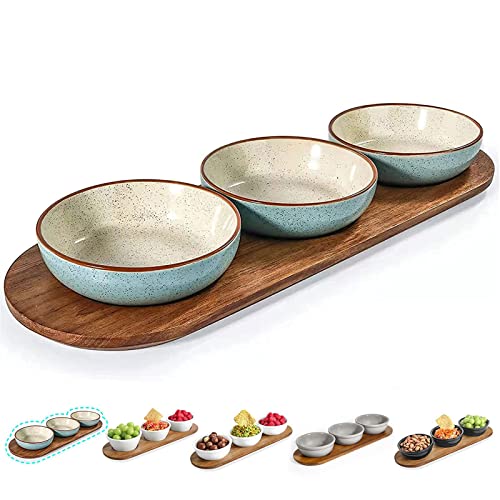 Artena 6oz Turquoise Solid Ceramic Chips and Dip Serving Platter with Acacia Wooden Tray, 4.5inch Glazing Small Serving Bowls/Dipping Dishes for Condiments,Side Dishes, Dipping, Pre, Dessert, Salsa