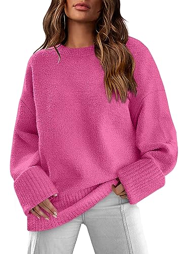 Hot Pink Sweater for Women 2023 Trendy Fuzzy Knit Chunky Warm Pullover Sweater Tops M