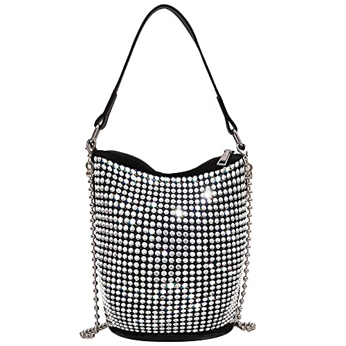 Bydenwely Rhinestone Rivets Bling Purse Bucket Sparke Hobo Bag Small Glitter Diamond Evening Clutch Women Going Out Mini Tote for Prom Party, Silver