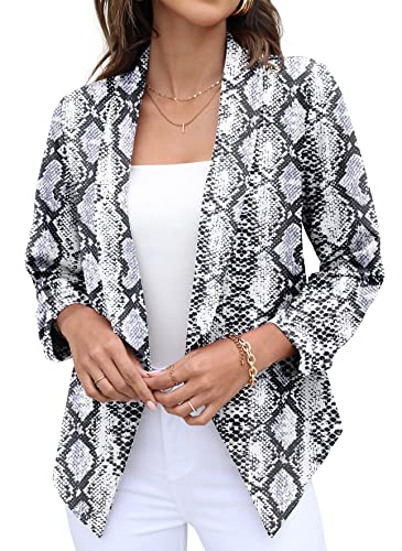 GRECERELLE Women's Blazer Suit Open Front Cardigan 3/4 Sleeve Fitted Jacket Casual Office Cropped Blazer Snakeskin White-6