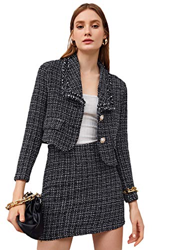 SweatyRocks Women's Business Suit 2 Pieces Flap Tweed Blazer Jacket Coat and Skirt Set Black 1 M