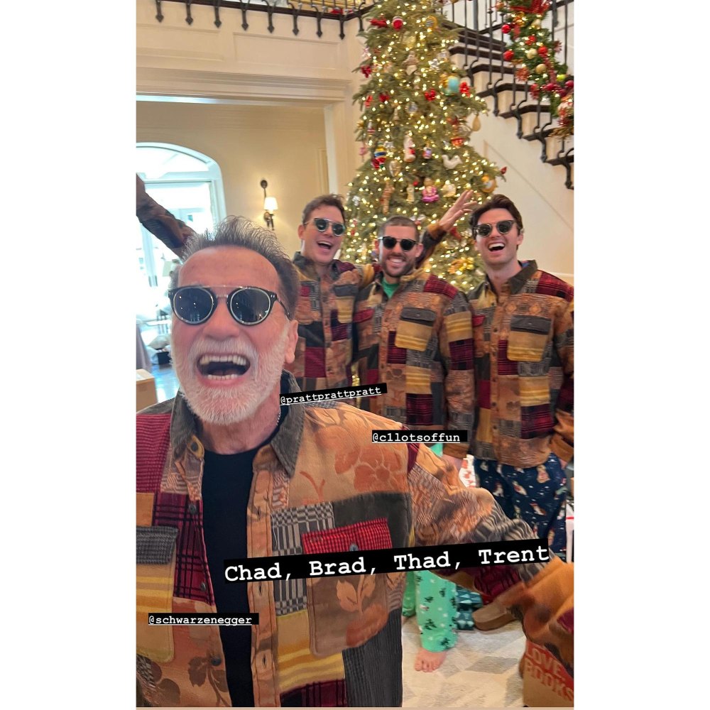 Arnold Schwarzenegger Matches With Son Patrick and Chris Pratt in Flannel Shirts and Sunglasses