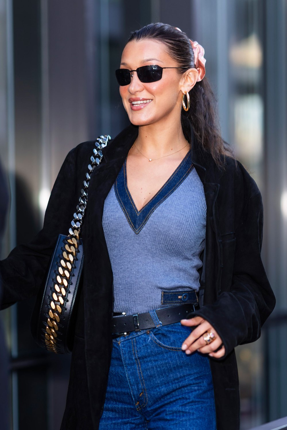 Bella Hadid Perfectly Pairs a Massive Scrunchie With Blue Outfit
