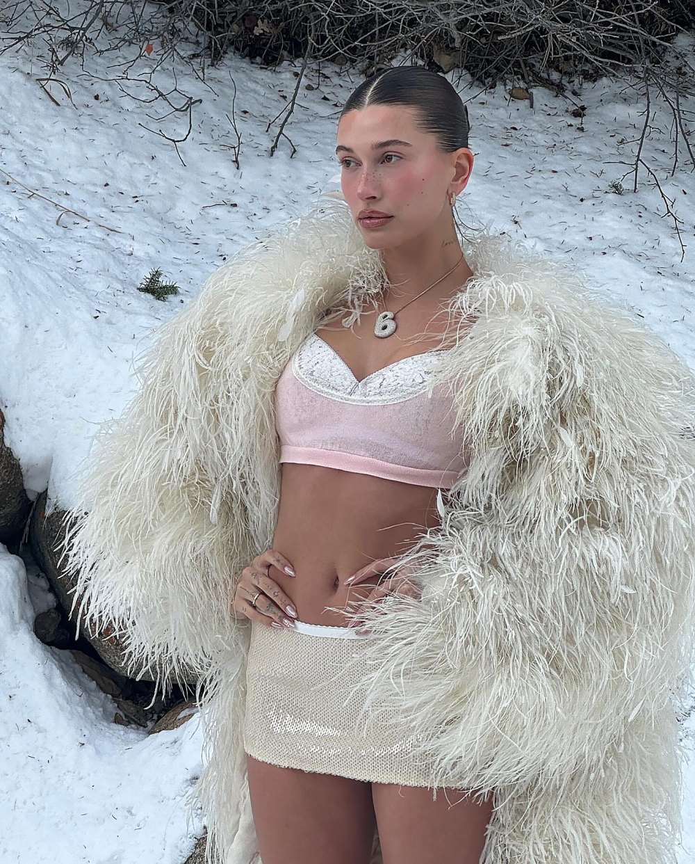 Hailey Bieber Wears Lingerie in Snow 02