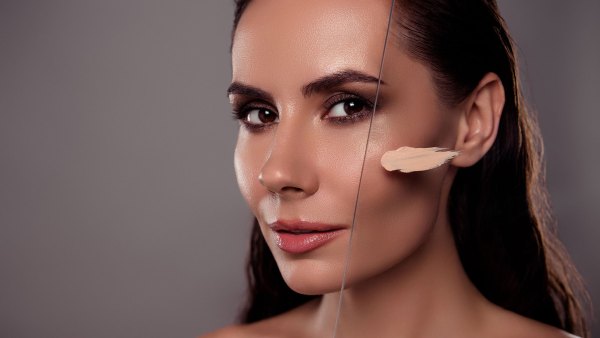 Photo portrait of girl glass creamy tonal cream spa salon isolated on dark gray color background