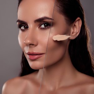Photo portrait of girl glass creamy tonal cream spa salon isolated on dark gray color background