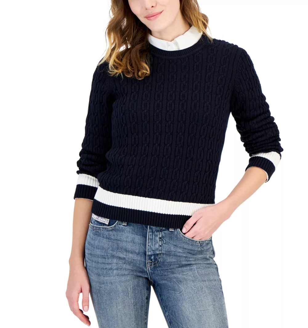 Tommy Hilfiger Women's Cotton Cable-Knit Colorblocked Leila Sweater