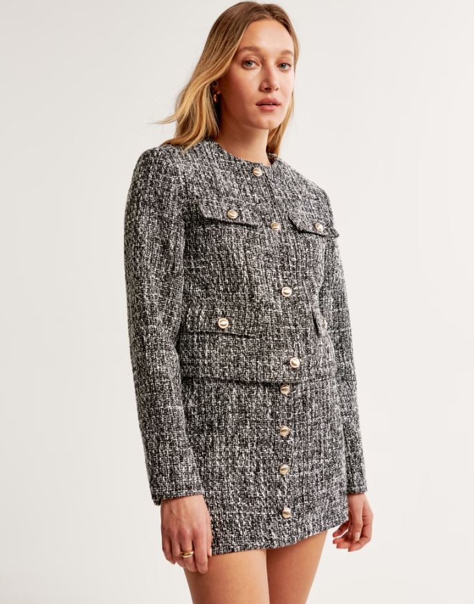Abercrombie & Fitch Collarless Cropped Tweed Jacket 