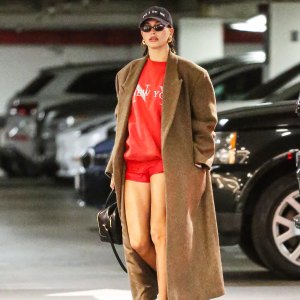 Hailey Bieber Shorts Coat Outfit